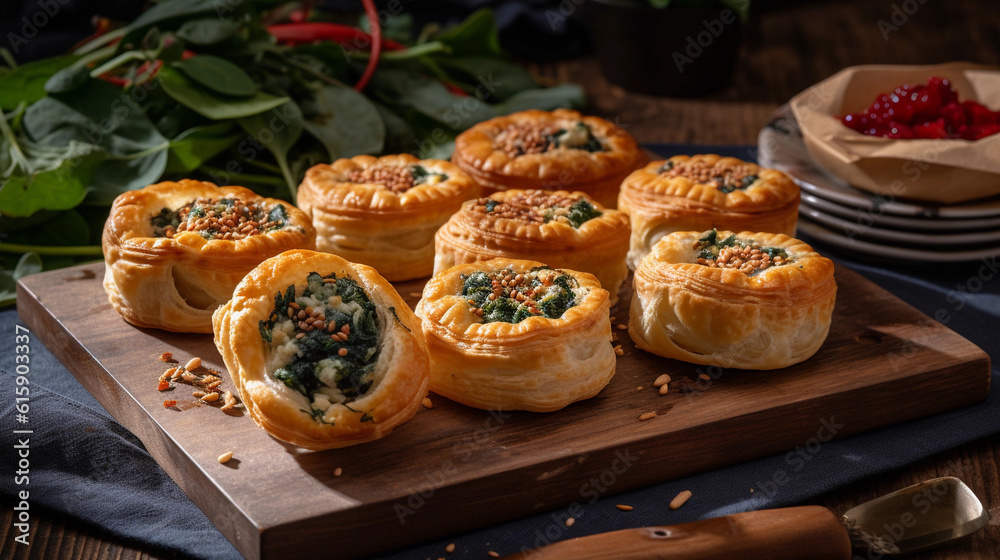A tray of appetizing puff pastry pies filled with spinach and feta cheese A tray of appetizing puff pastry pies filled with spinach and feta cheese