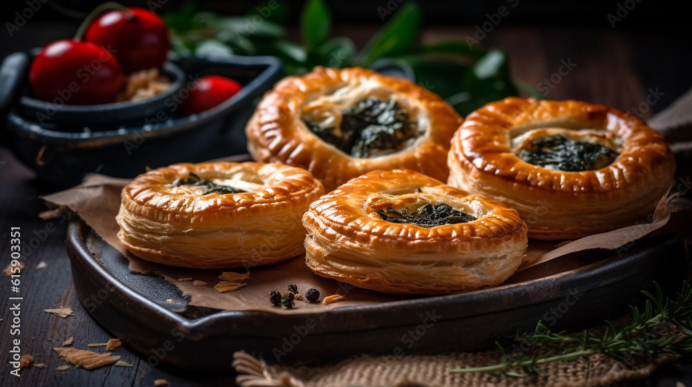 A tray of appetizing puff pastry pies filled with spinach and feta cheese A tray of appetizing puff pastry pies filled with spinach and feta cheese