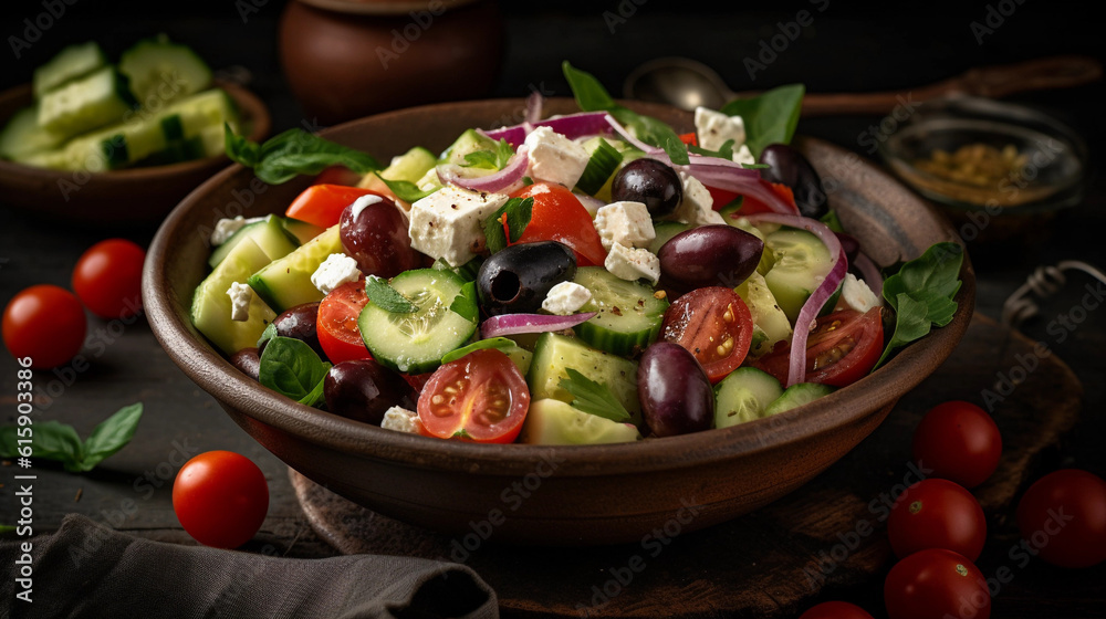 A bowl of refreshing Greek salad, consisting of cucumbers, tomatoes, olives, and feta cheese A bowl of refreshing Greek salad, consisting of cucumbers, tomatoes, olives, and feta cheese