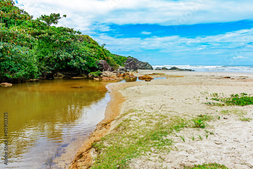 River going towards the sea with the sand, rocks and forest on the side in Serra Grande in Bahia