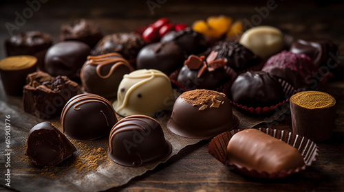 An assortment of handmade chocolates in various flavors, such as chocolate, caramel, and nut