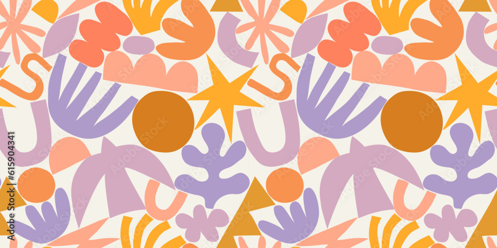 Abstract modern art seamless pattern with colorful freehand doodles. Organic flat cartoon background, simple summer shapes in bright childish colors. Abstract modern art seamless pattern with colorful freehand doodles. Organic flat cartoon background, simple summer shapes in bright childish colors.