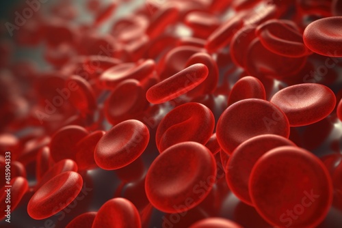 Red blood cells. Circulation of hemoglobin through vessels. Blood anemia background. Human red erythrocytes. Hemoglobin under electron microscope. Generative ai