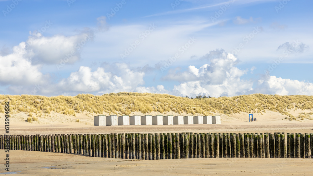 groynes at low tide in front of tiny white beach houses and dunes under a blue clouded sky at the beach of Westenschouwen, The Netherlands