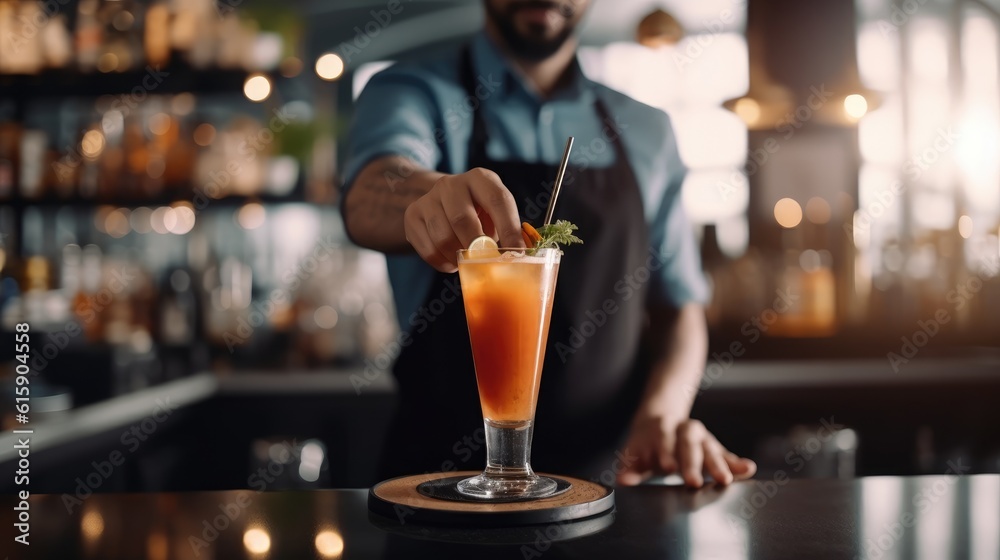 Close up shot of a barman in black apron stretches a cocktail at bar. 