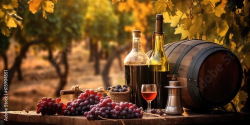 Bottles and wineglasses with grapes and barrel in rural scene background. Traditional winemaking and wine tasting. 