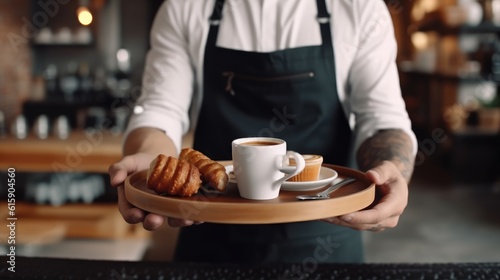 Barista serving coffee and croissant on wooden tray.