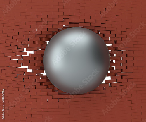 A metal ball in the hole of a brick wall. 3d illustration