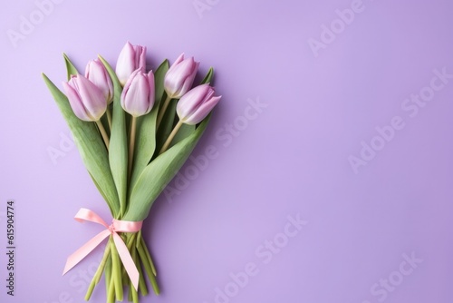 Purple background with tulips. Illustration AI Generative. © ArtCookStudio