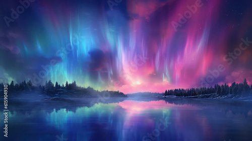 landscape with vibrant light reflections resembling the aurora borealis