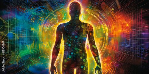 Captivating holographic human silhouette adorned with vivid kaleidoscope organs, surrounded by swirling binary code - a striking fusion of biology and digital tech. Generative AI photo