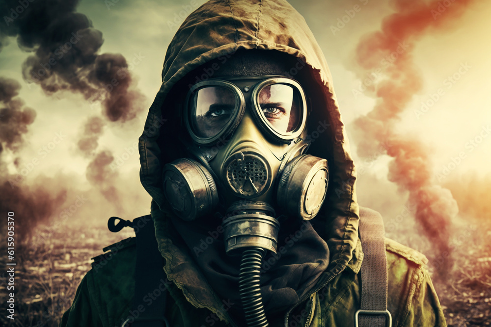 Post apocalyptic survivor in gas mask. generative AI Post apocalyptic survivor in gas mask. generative AI