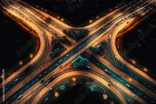 Aerial view of a highway at night with cars moving fast