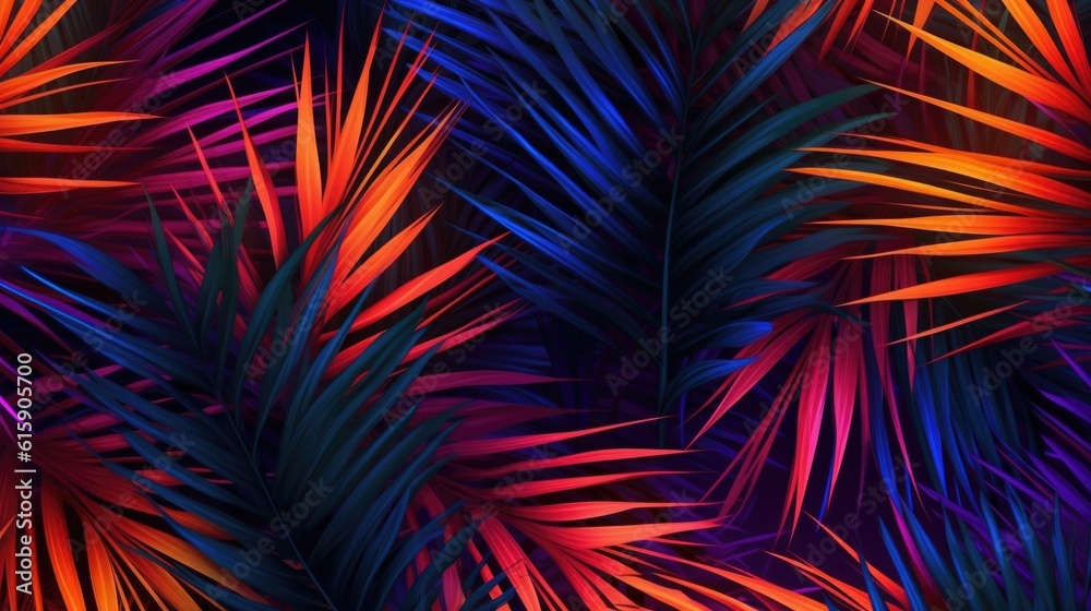 Neon orange, blue, violet and pink palm leaves. interior wallpaper. fluorescent color layout made of tropical leaves. 