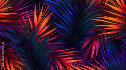 Fototapeta Naklejka Na Ścianę i Meble -  Neon orange, blue, violet and pink palm leaves. interior wallpaper. fluorescent color layout made of tropical leaves. 