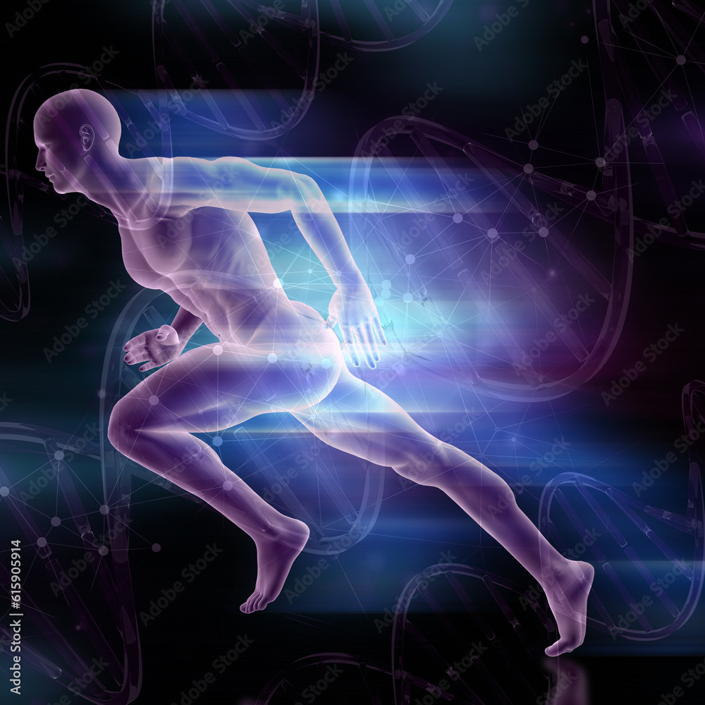 3D render of a male figure sprinting on DNA strands background