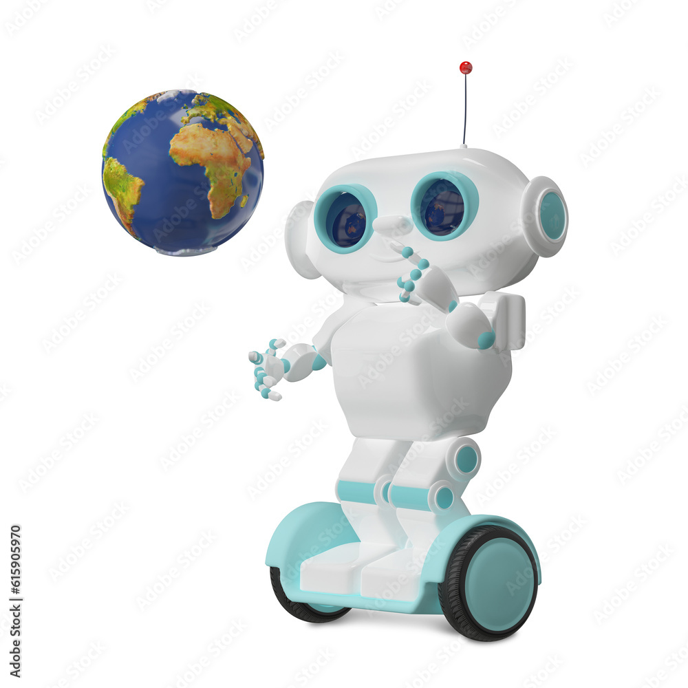 3d Illustration White Robot with Globe on Scooter 3d Illustration White Robot with Globe on Scooter