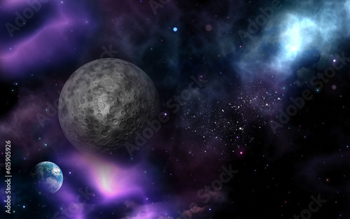 3D render of a space background with fictional moon and planet