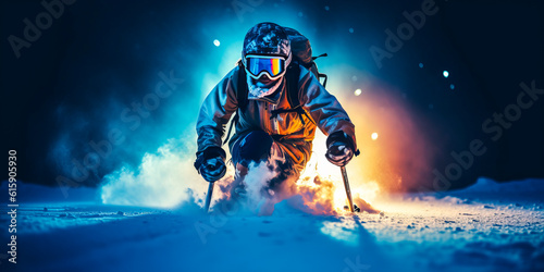 Inspirational disabled athlete mastering adapted ski race, vibrant lighting & colors evoke strong emotions. Experience determination & excitement. Generative AI