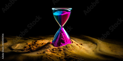 Captivating image of a violet sand hourglass amidst a dull room, symbolizing time's slow passage in boredom. The vibrant sand and dreary setting evoke emotion in monotony. Generative AI