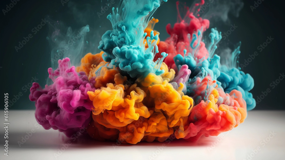 Colorful rainbow cloud explosion on white background. Paint puff of smoke abstract splatter art background