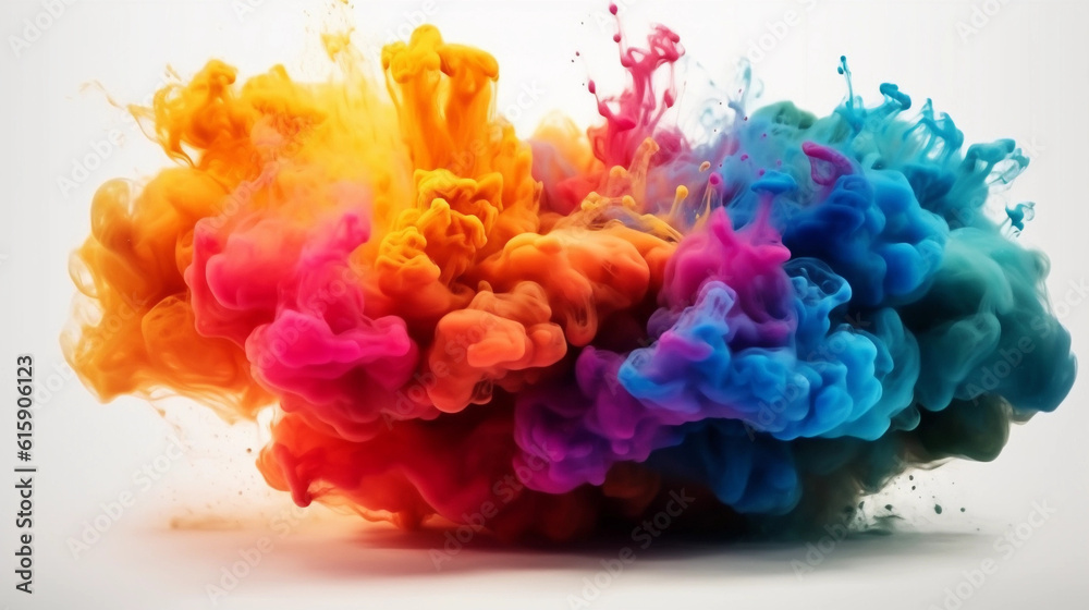 Colorful rainbow cloud explosion on white background. Paint puff of smoke abstract splatter art background