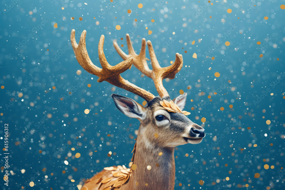 portrait of a Christmas deer with gold horns on a blue background with golden bokeh created with AI generative tools portrait of a Christmas deer with gold horns on a blue background with golden bokeh created with AI generative tools