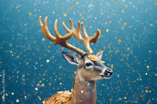 portrait of a Christmas deer with gold horns on a blue background with golden bokeh created with AI generative tools