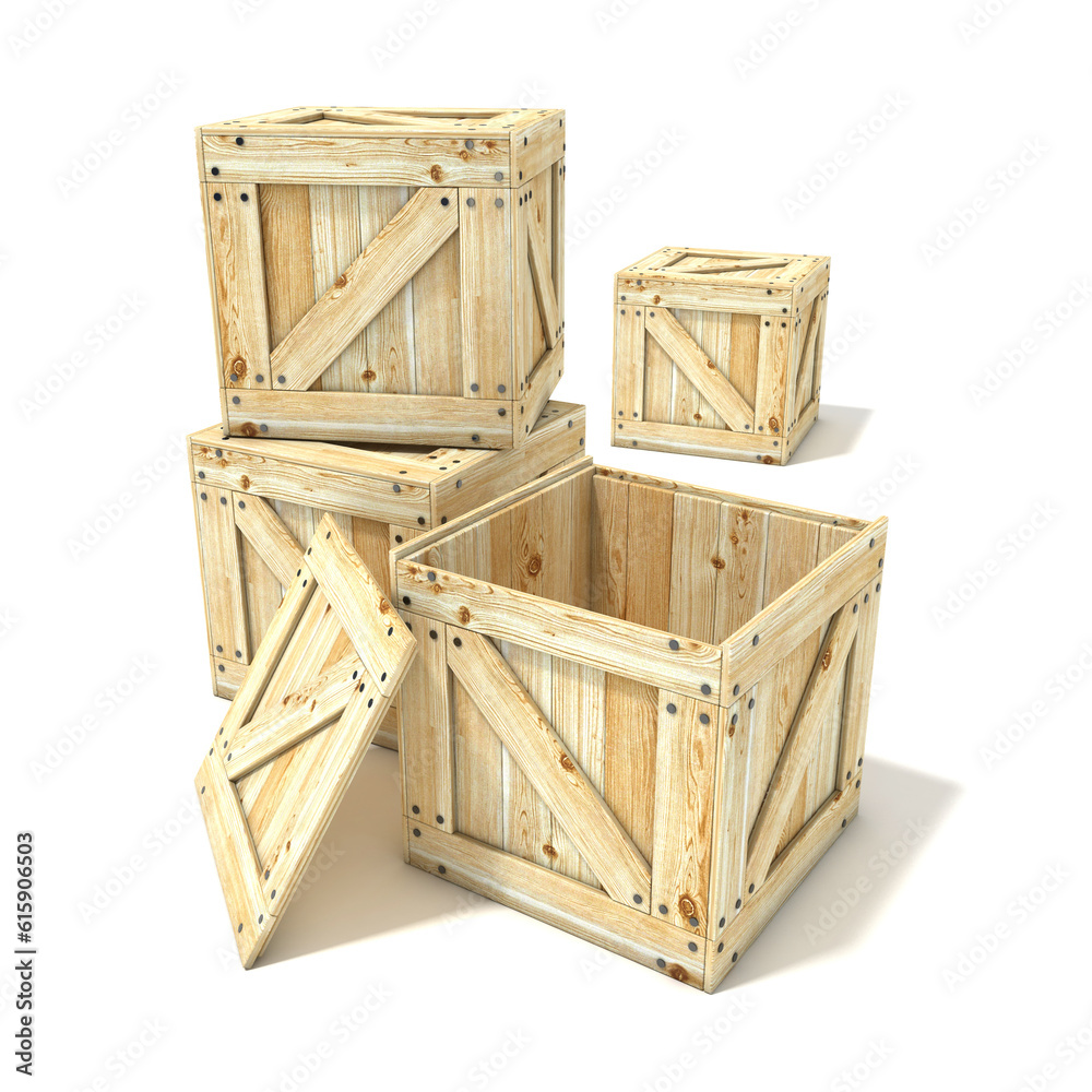 Wooden boxes. 3D render illustration isolated on a white background Wooden boxes. 3D render illustration isolated on a white background