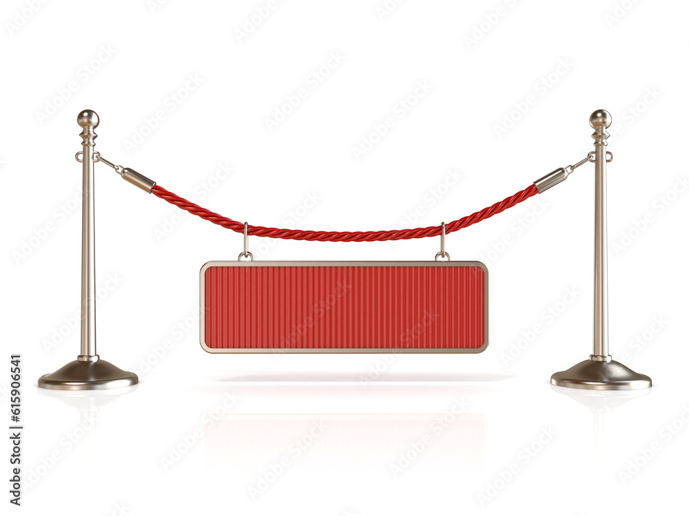Velvet rope barrier, with BLANK sign. 3D render isolated on white background Velvet rope barrier, with BLANK sign. 3D render isolated on white background