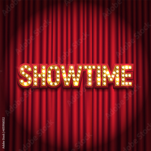 Showtime sign with red curtain illuminated by spotlights. Vector illustration.