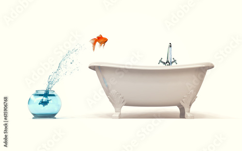 Need more space concept - goldfish jumping from bowl in bath. 3d render illustartion