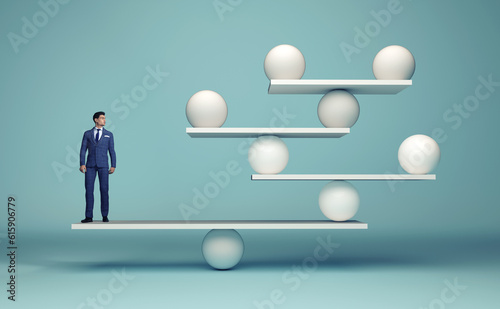 Leadership balancing the team - business man and spheres in balance - complex strategy concept - 3d render ilustration