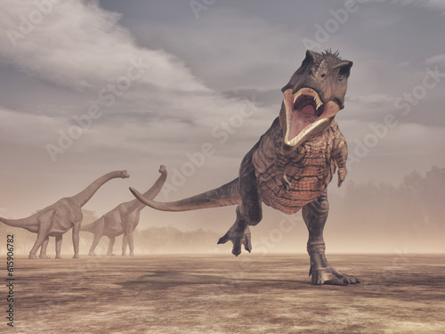Jurrasic scene - a fierce Trex dinosaur attacking,  branchiosaurus in background  - 3d render © Designpics