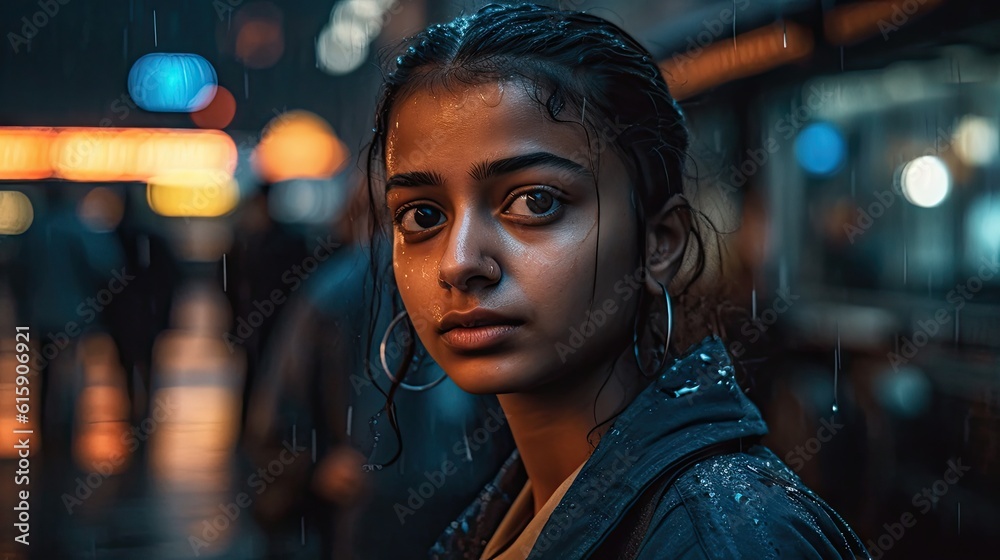 Young indian urban girl awaiting for ride and drizzle evening rush hour generative ai