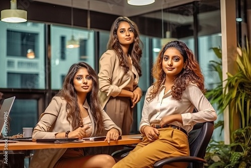 Urban young indian three women employees working in the office with a laptop and modern office background generative ai 