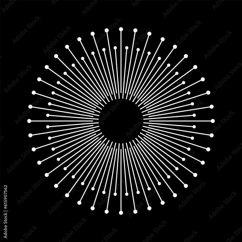Circle with white lines on a black background like sun concept. Can be