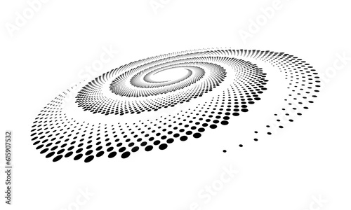 Perspective view to abstract halftone dotted circle. Spiral universe concept.