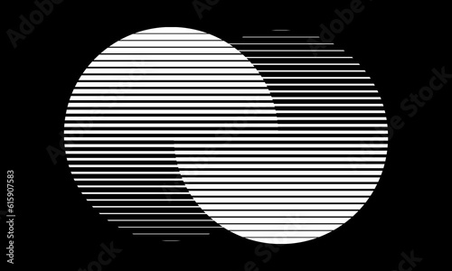Transition in two circles with parallel lines. Abstract art geometric background for logo, icon, tattoo.