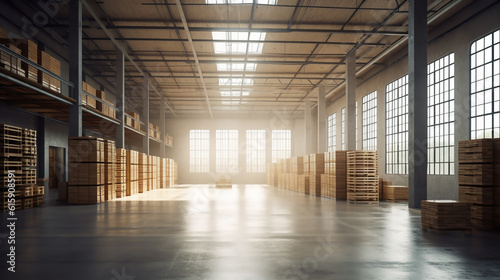 Large industrial warehouse interior view with high racks and high shelves. In the foreground are a lot of cardboard boxes. Generative AI © Mickael
