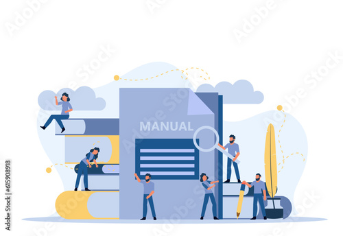 Man and woman create document book manual. Business handbook advice content vector. Online web paper digital illustration article journalism. Social marketing blogging design. Promotion banner guide photo