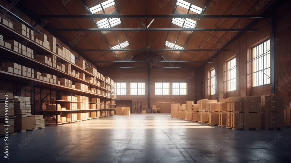 Large industrial warehouse interior view with high racks and high shelves. In the foreground are a lot of cardboard boxes. Generative AI