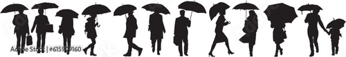 Black silhouettes of people, man and woman under umbrella. Vector illustrations.