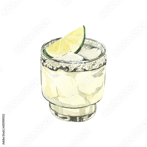 Watercolor summer cocktail spicy lime margarita in a short glass. Hand-drawn illustration isolated on white background. Perfect for recipe lists with drinks, brochures for cafe photo