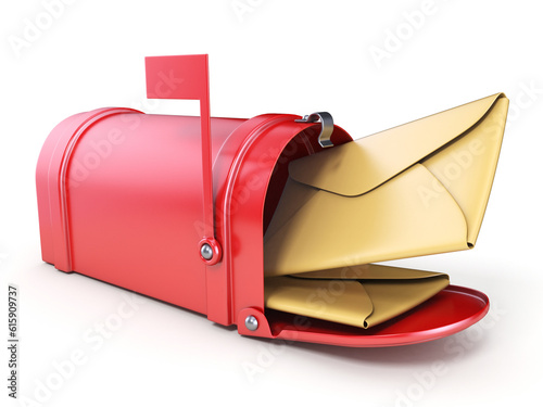 Red mailbox and two yellow envelope 3D render illustration isolated on white background