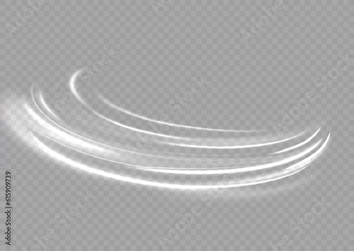 White shiny sparks of spiral wave. Curved bright speed line swirls. Shiny wavy path. Magic golden swirl with highlights. Glowing swirl bokeh effect.