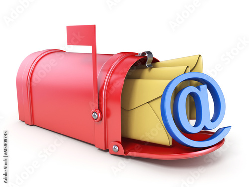Red mailbox, two yellow envelope and blue AT sign 3D render illustration isolated on white background