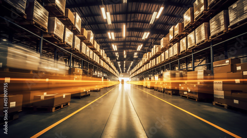 Large industrial warehouse interior view with high racks and high shelves. In the foreground are a lot of cardboard boxes. Generative AI