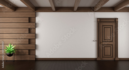 Fototapeta Naklejka Na Ścianę i Meble -  Empty elegant living room with dark wood paneling and closed door - 3d rendering