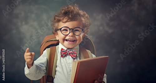 Smiling little boy with glasses stands near the blackboard. Elementary school child with book and bag. Back to school. Generative Ai content
